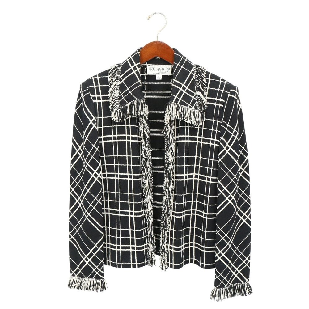 St. John Collection Fringe Trim Black White Windowpane Santana Knit Jacket 8 - Picture 2 of 7